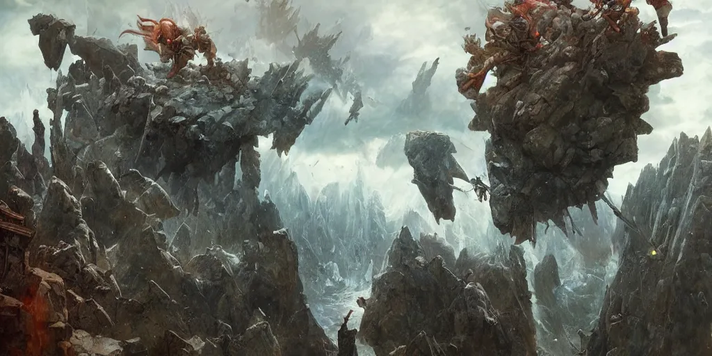 Image similar to epic battle barbarian norse gods thunder inverted individual rocks hanging from the sky two worlds facing each other horizontal symmetry inception good composition artstation illustration sharp focus sunlit vista painted by ruan jia raymond swanland lawrence alma tadema zdzislaw beksinski norman rockwell tom lovell alex malveda greg staples