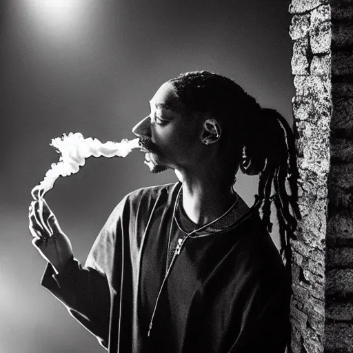 Image similar to a dramatic photograph of snoop dog smoking a joint while contemplating a magical portal to the beyond, ground haze, dramatic lighting, filmic, cinematographic