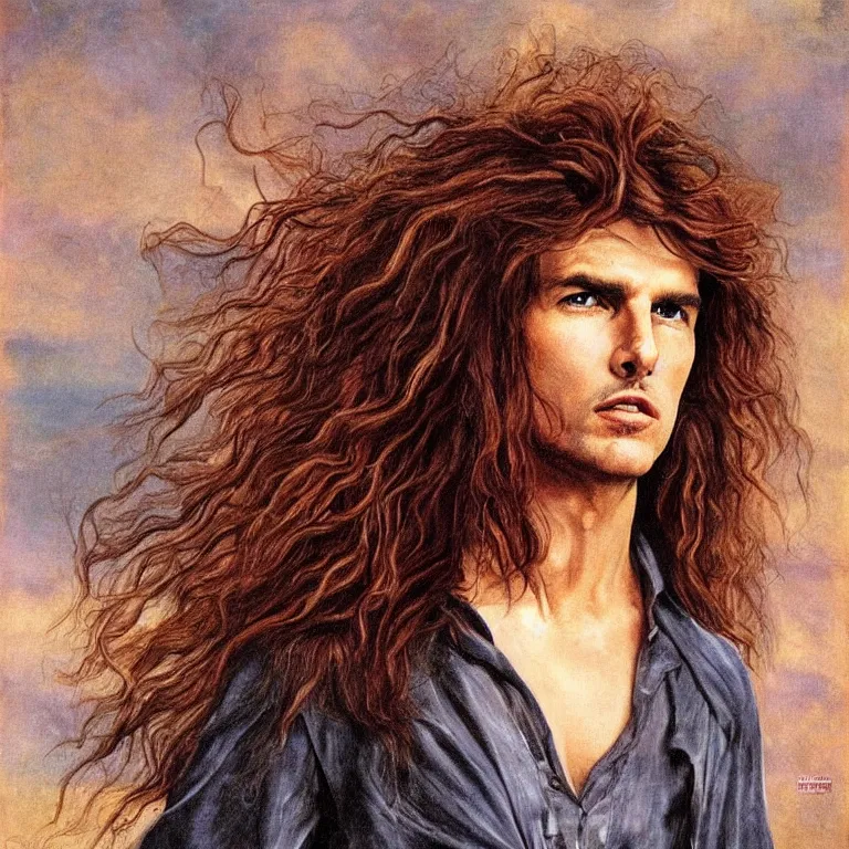 Prompt: Pre-Raphaelite portrait of Tom Cruise as the leader of a cult 1980s heavy metal band, with very long blonde hair and grey eyes, high saturation