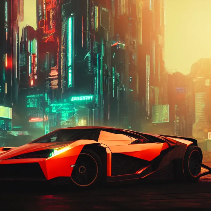 Prompt: cyberpunk car lamborgini counatch on the background of drak dirty style cyberpunk city in the syle by nicholas hiattcinematic, cinematic lighting, raytracing, 8 k, octane render, volumetric, vivid, beautiful, hyperrealism