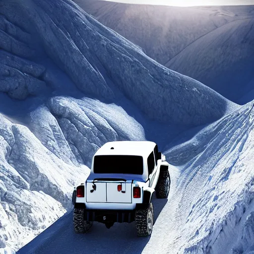 Image similar to white jeep wrangler driving up a steep snowy mountain cornice, high quality digital art, dramatic lighting, cinematic, photo realism