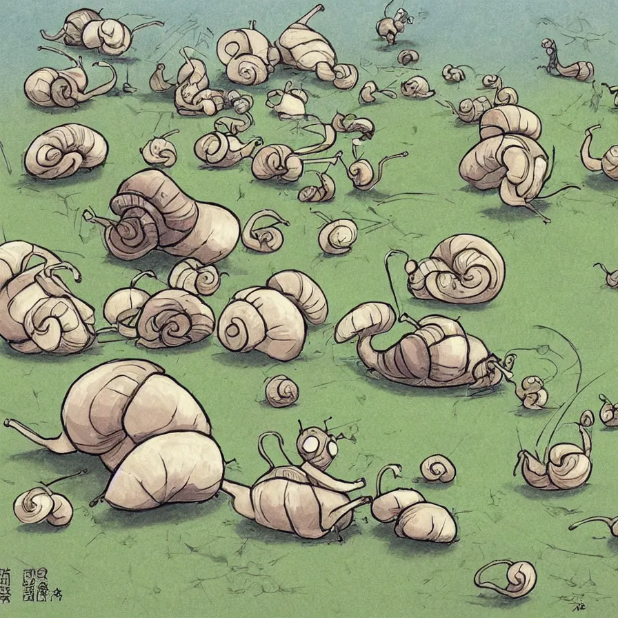 Image similar to A perfectly drawn snail is walking on the ground, art by Hayao Miyazaki, whimsical, anime, children's illustration