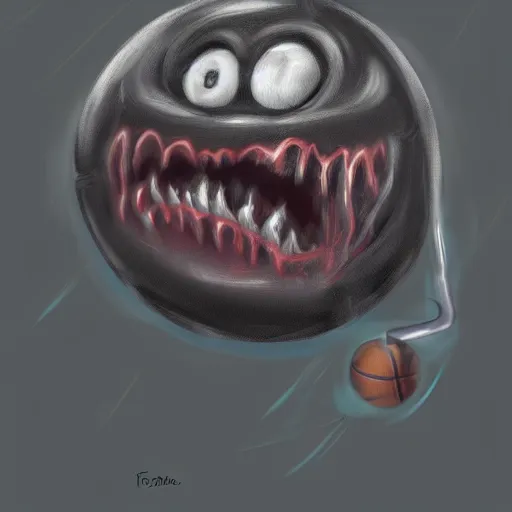 Image similar to a mimic disguised as a basketball inside of a dimly lit cave gnarling it's teeth fantasy, digital painting