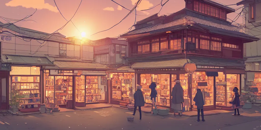 Prompt: beautiful illustration of a small shop window in kyoto on a beautiful sunset, anime manga style, aesthetic, cory loftis, james gilleard, atey ghailan, makoto shinkai, goro fujita, studio ghibli, makoto shinkai, view isometric drone