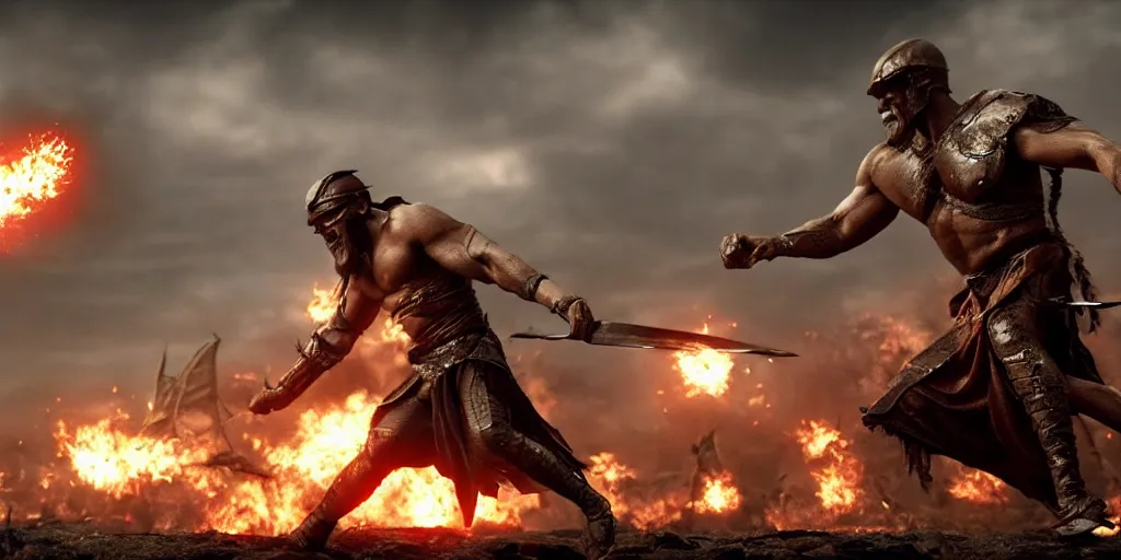 Image similar to epic battle screen of hero, film still from the movie'3 0 0'( 2 0 0 6 ), 3 d, 8 k realistic, cryengine, playstion 5 screen, cinematic lighting