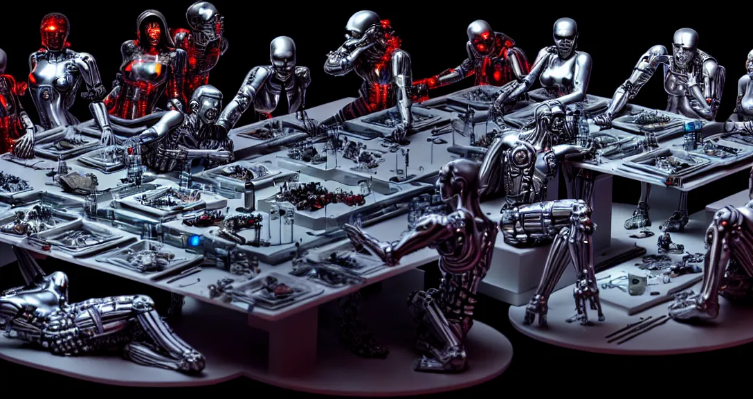 Image similar to war, 13 diverse cyborgs on one_side of a reflective !cybernetic table, posing_as_last_supper, inticrate detailed glowing implants, highly detailed, dramatic lighting, electrical details, high details, beautiful lighting