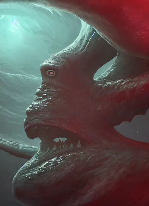 Image similar to a deep sea monster with a human face, a colossal gigantic deep sea creature, concept art, behance hd, artstation, deviantart, global illumination, radiating, a glowing aura, ray tracing, hdr, render