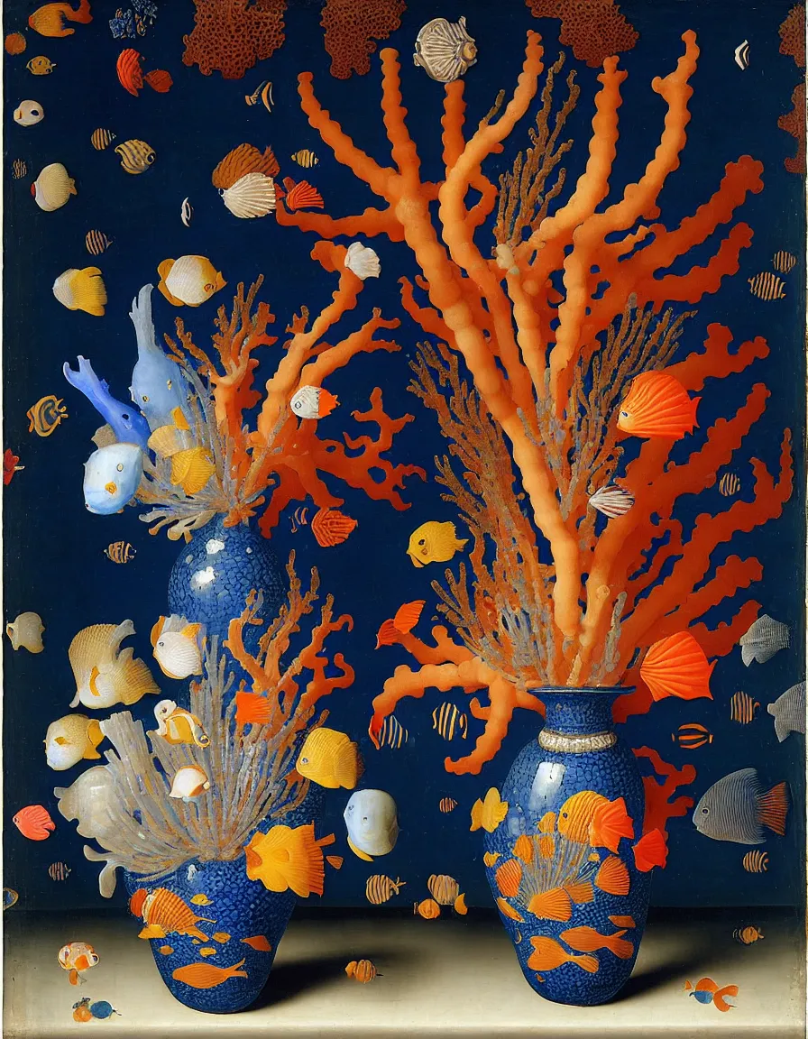 Image similar to bottle vase of coral under the sea decorated with a dense field of stylized scrolls that have opaque outlines enclosing mottled blue washes, with blue cobalt shells and yellow fishes, Ambrosius Bosschaert the Elder, oil on canvas, around the edges there are no objects