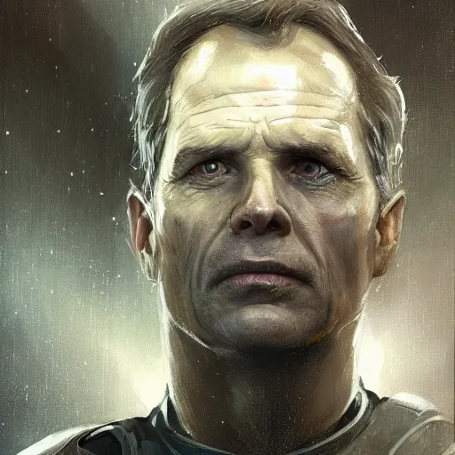 Image similar to portrait of a man by greg rutkowski, michael biehn as an space security officer, he is about 6 0 years old, military composure, wearing the tactical gear of weyland company, highly detailed portrait, digital painting, artstation, concept art, smooth, sharp foccus ilustration, artstation hq