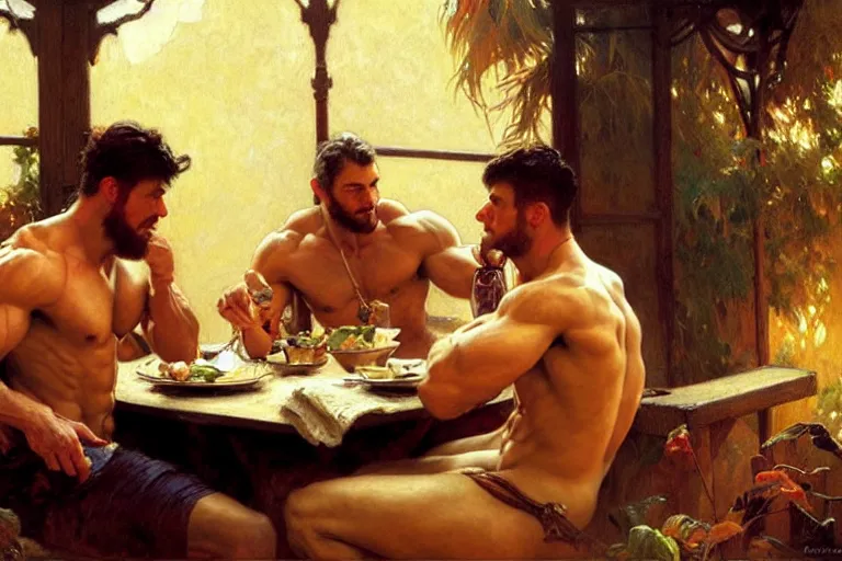 Image similar to 2 muscular attractive men having dinner, painting by gaston bussiere, craig mullins, greg rutkowski, alphonse mucha