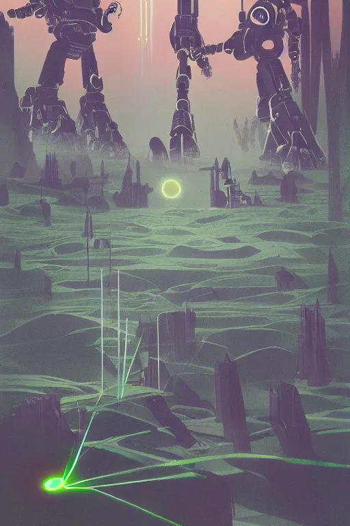 Image similar to giant mecha robot fight with giant сyclops with laser, swamps landscape and pillars by helen lundeberg