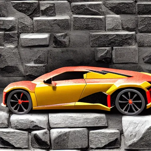 Prompt: lamborgini made of stone, inka style, hyper - realistic, very detailed, ray tracing, 8 k resolution, long - shot, sharp focus, low angle, 8 5 mm photograph, wide lens - n 8