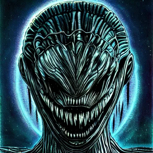 Image similar to space alien, slimy, glossy, sharp teeth, by h. r. giger, nightmare fuel, nightmarish, intricate, highly detailed, optical illusion, stranger things demogorgon, cave lighting, flickering, moonlight