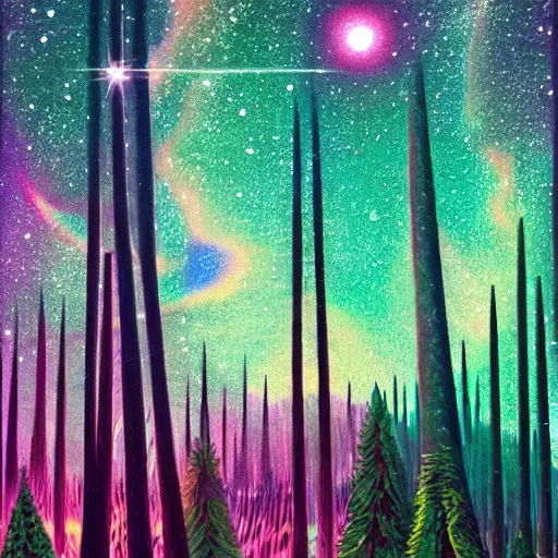 Prompt: psychedelic lush pine forest, outer space, milky way, designed by rob gonsalves, artstation, star, sharp focus, colorful refracted sparkles and lines, soft light, 8 k 4 k