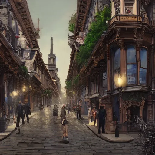 Image similar to street of victorian city, happy, a lot of people, realistic, 8 k, detailed, concept art, trending on artstation