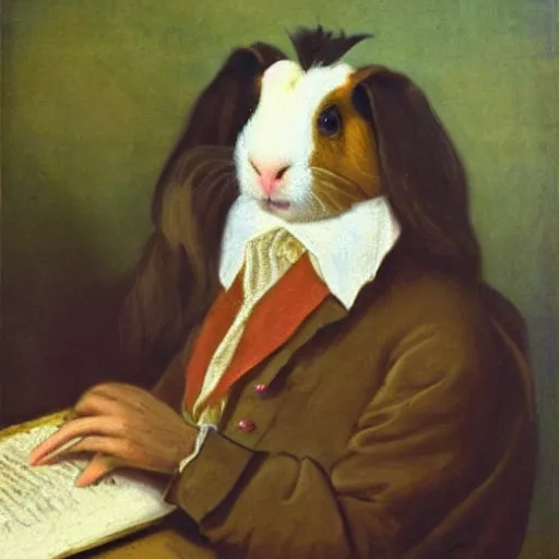 Image similar to a guinea pig dressed as chopin, 1 8 th century oil painting