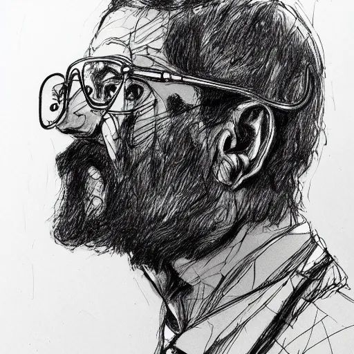 Prompt: a realistic yet scraggly portrait sketch of the side profile of a stern and sophisticated gordon freeman, trending on artstation, intricate details, in the style of frank auerbach, in the style of sergio aragones, in the style of martin ansin, in the style of david aja, in the style of mattias adolfsson