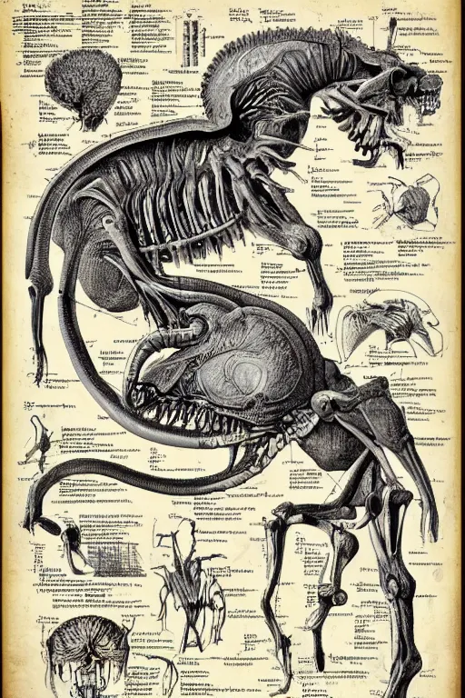 Image similar to anatomical encyclopedia illustration of a chimera, photorealistic, diagram, intricate details