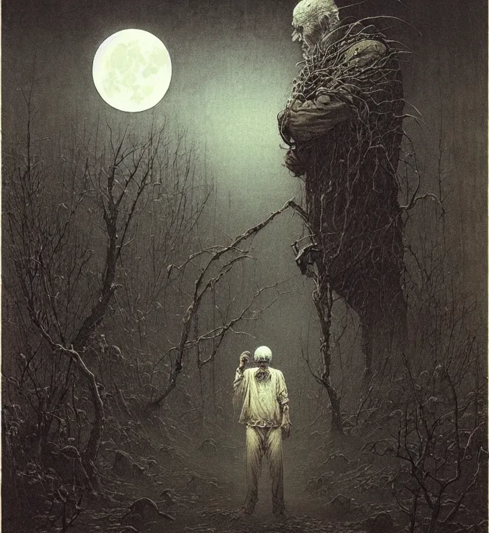 Prompt: old white - headed man under the huge moon on a street of ruined city by beksinski and takato yamamoto, very coherent, baroque elements