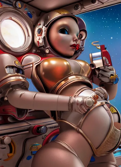 Image similar to highly detailed closeup, portrait of a tin toy bikini spacegirl in a spaceship on mars, unreal engine, nicoletta ceccoli, mark ryden, earl norem, lostfish, global illumination, detailed and intricate environment