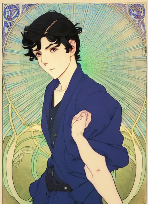 Prompt: handsome young man with short black hair, male, dressed in blue, looking down, half body shot, arms down, path traced, highly detailed, high quality, digital painting, by studio ghibli and alphonse mucha, hidari, art nouveau, chiho aoshima, posuka demizu, atey ghailan