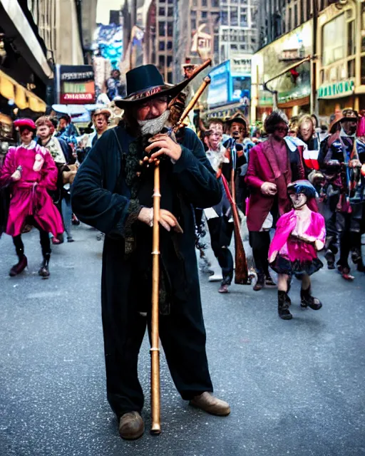 Image similar to mysterious man dressed as the pied piper of hamelin plays his cane pipe, as thousands of children march behind him thru the streets of downtown nyc, cinematic, supernatural, bokeh