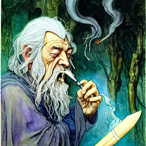 Image similar to a realistic and atmospheric watercolour fantasy character concept art portrait of gandalf with bloodshot eyes giggling and smoking weed out of his pipe by rebecca guay, michael kaluta, charles vess and jean moebius giraud