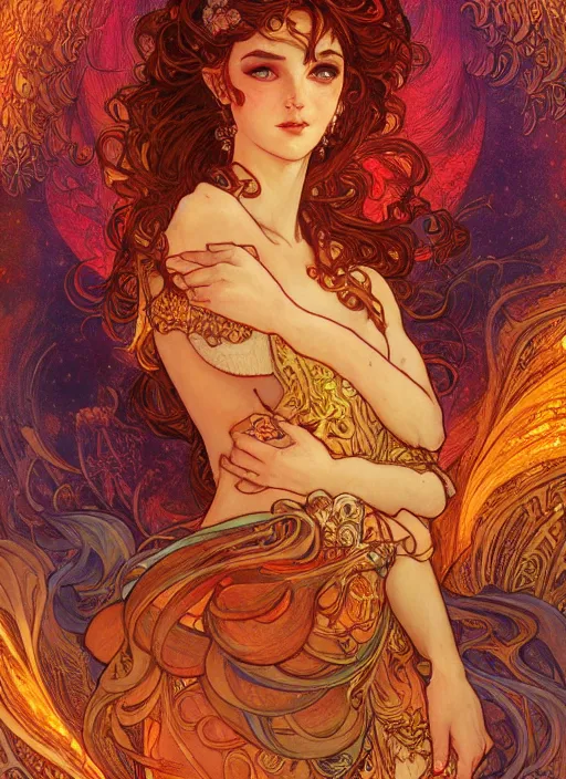 Image similar to Fire Goddess, ambient lighting, 4k, josephine wall, alphonse mucha, lois van baarle, ilya kuvshinov, rossdraws, artstation