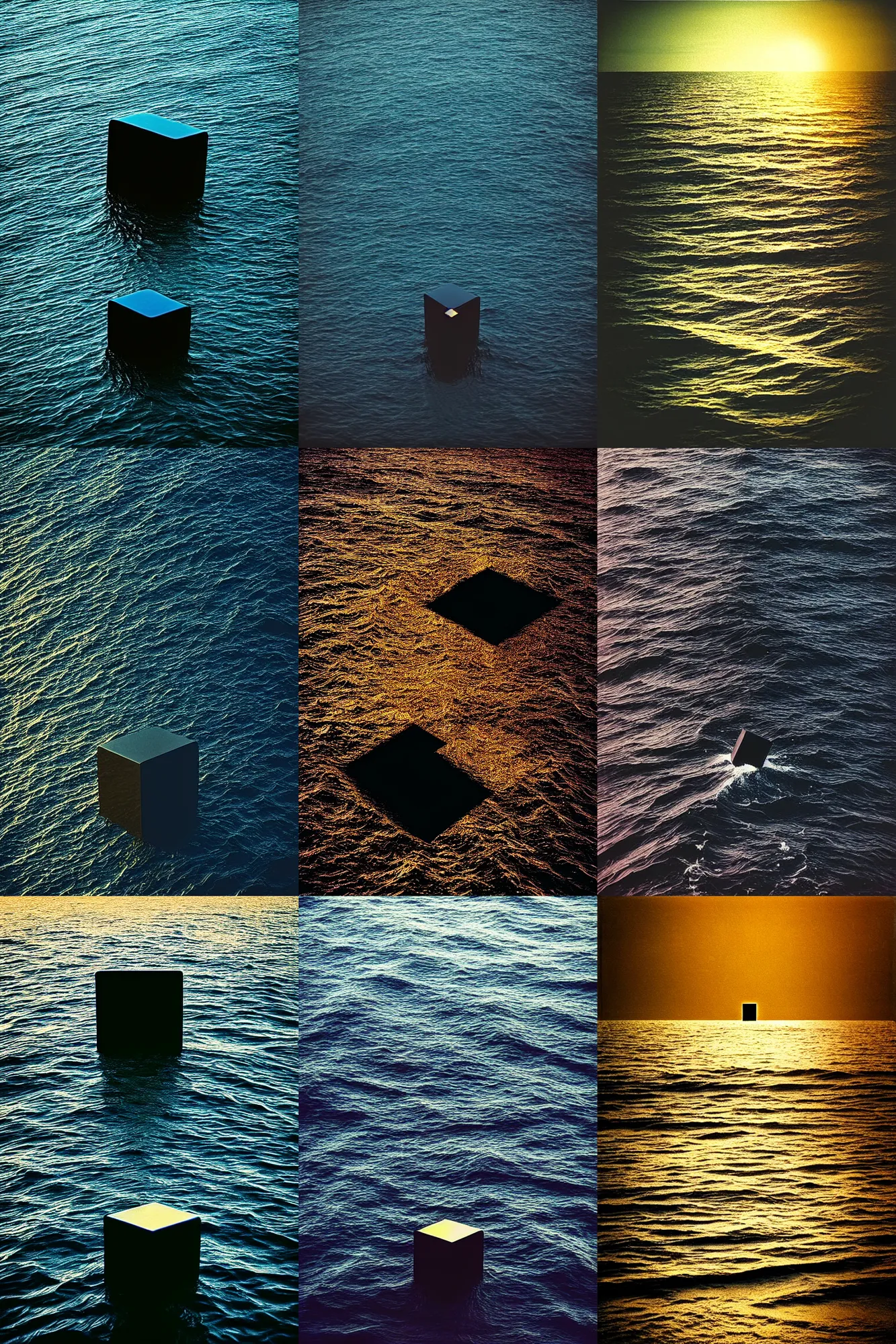 Prompt: “35mm photo of a black obsidian cube In the middle of a sea, in the style of Richard Serra. Ektachrome 400. Golden hour. Beautifully lit. Award winning.”