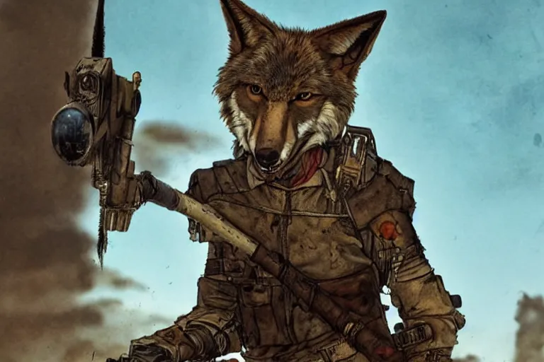 Image similar to a good ol'coyote fursona ( from the furry fandom ), heavily armed and armored facing down armageddon in a dark and gritty version from the makers of mad max : fury road. witness me.