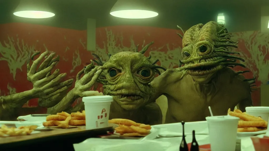 Image similar to the strange creature at the fast food place, film still from the movie directed by denis villeneuve and david cronenberg with art direction by salvador dali and zdzisław beksinski, wide lens