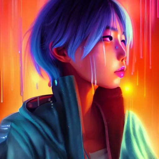 Image similar to a digital painting of choi sora in the rain with blue hair, cute - fine - face, pretty face, cyberpunk art by sim sa - jeong, cgsociety, synchromism, detailed painting, glowing neon, digital illustration, perfect face, extremely fine details, realistic shaded lighting, dynamic colorful background