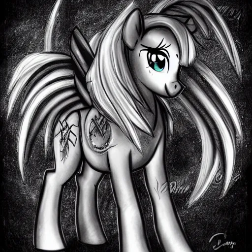 Prompt: my little pony portrait with dark fantasy style, black and white