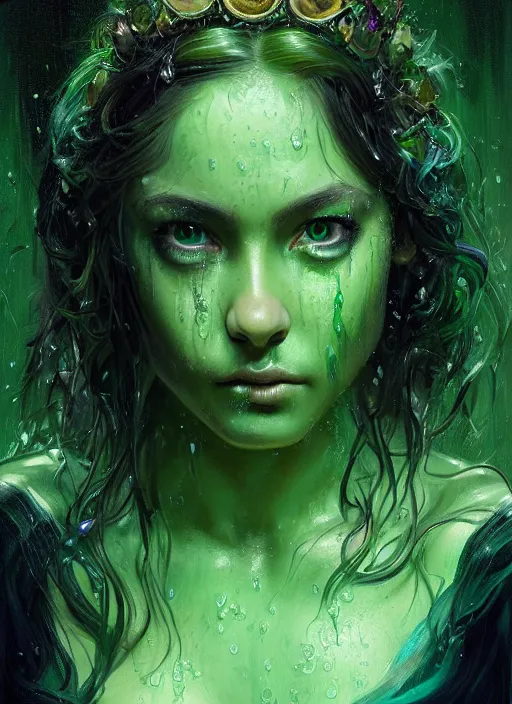 Prompt: epic portrait cinematic shot an frog goddess, wet green flowing hair, green glowing eyes, green lips, sweaty skin, green robes, fine details. night setting. realistic shaded lighting poster by craig mullism, artgerm, jeremy lipkin and michael garmash, unreal engine, radiant light, detailed and intricate environment, digital art, trending on art station,