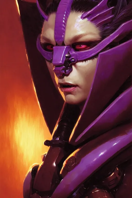 Image similar to extreme close up, facial portrait, woman with a long black ponytail in purple sci - fi armor, wearing a kitsune mask, shoulder pad is a glowing oni mask, striking pose, portrait dnd, painting by gaston bussiere, craig mullins, greg rutkowski, yoji shinkawa