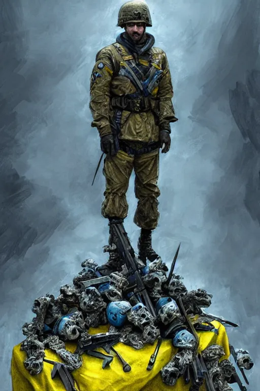 Image similar to a distant shot of a Ukrainian Call of Duty soldier with blue and yellow uniform standing alone on a pile of skulls as a winner, masculine figure, D&D, fantasy, intricate, elegant, highly detailed, extremely detailed, digital painting, artstation, concept art, matte, sharp focus, symmetrical, illustration, art by Artgerm and Greg Rutkowski and Alphonse Mucha