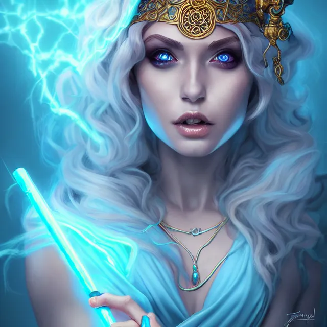 Prompt: beautiful elemental electric witch with ornate cyan robes and staff, highly detailed, 4 k, hdr, smooth, sharp focus, high resolution, award - winning photo, artgerm, photorealistic