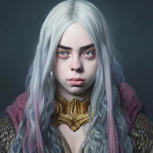 Prompt: portrait of billie eilish, muscular, upper body,big chest, D&D, fantasy, intricate, elegant, highly detailed, digital painting, artstation, concept art, matte, sharp focus, illustration, art by Artgerm and Greg Rutkowski and Alphonse Mucha