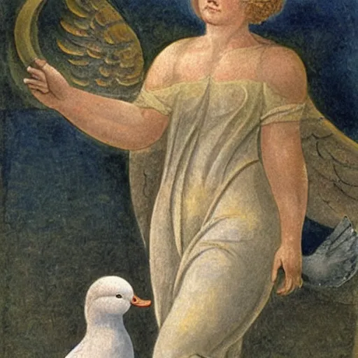 Image similar to biblical angel holding a duck, by jean deville, by william blake, oil on canvas