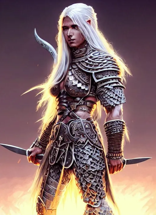 Image similar to barbarian, plated armor!!! long wild white hair!! covered chest!!! fantasy, d & d, intricate ornate details, digital painting, pretty face!!, symmetry, concept art, sharp focus, illustration, art by artgerm! greg rutkowski magali villeneuve wlop! ilya kuvshinov!!, octane render