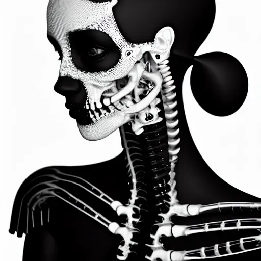 Prompt: black and white dreamy foggy smoky profile face portrait, single skeletal biomechanical beautiful young female cyborg robot bust, body ribs meshes,, volumetric light, rim light, by dora maar and cecile beaton, big gothic fashion pearl embroidered collar, 8 k