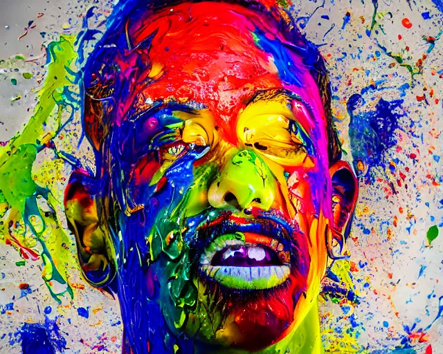 Image similar to abstract expressionist portrait of a head showing strong negative emotions painted with very thick impasto paint and acrylic pour and coloured powder explosion and splashing paint and dripping paint and flying paint chunks, motion blur, hyperrealistic, intricate art photography, anatomically correct, realistic crisp textures, 1 6 k