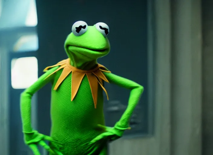 Image similar to film still of kermit the frog in the new scifi movie, 4 k