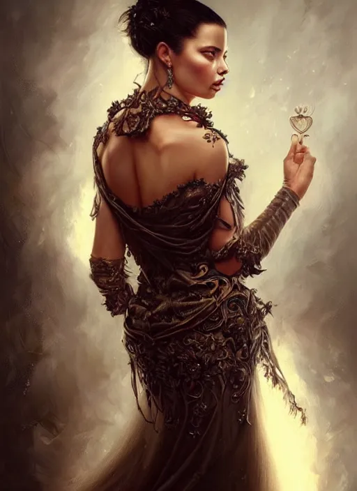 Image similar to a beautiful woman with baroque dress, adriana lima, painted by artgerm and tom bagshaw, fantasy art, dramatic lighting, highly detailed oil painting