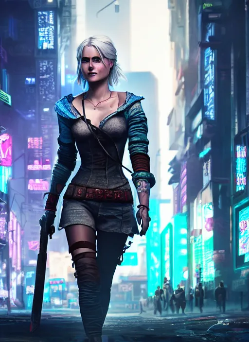 Image similar to ciri in a cyberpunk city full of neon. hyperrealistic oil painting, 4k, very detailed faces, studio lightning, award winning