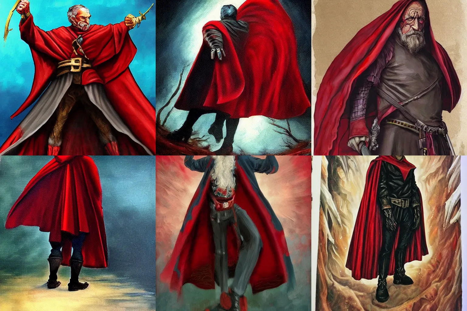Prompt: old man+dark red cape+fantasy+painting+stylized+highly detailed+rich color