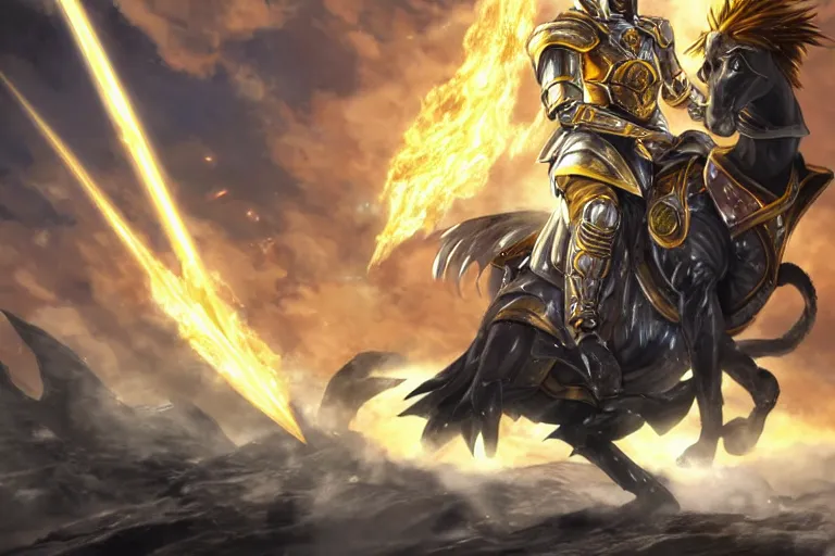 Image similar to an ultra detailed portrait of saladin as a shonen anime protagonist charging into battle wearing bright gold armor and huge flaming longsword blessed by god, epic anime fantasy, 8 k, volumetric lighting, smooth, highly detailed, digital illustration, art by kentaro miura and akira toriyama and artgerm