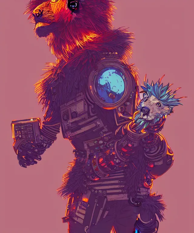 Prompt: a portrait of an anthropomorphic cyberpunk lion holding a turkey leg, fantasy, elegant, digital painting, artstation, concept art, matte, sharp focus, illustration, art by josan gonzalez