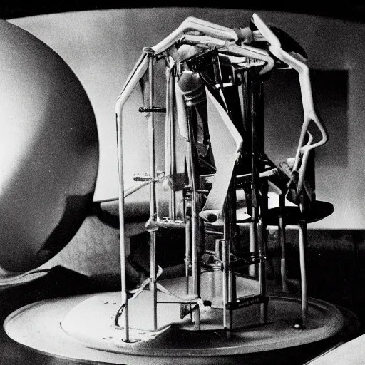 Prompt: filmstill of Marcel Duchamp working on a futuristic machine, long exposure, archival pigment print