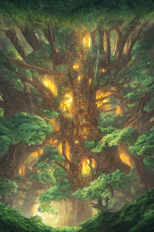 Prompt: a miniature city built into the trunk of a single colossal tree in the forest, with tiny people, in the style of noah bradley, lit windows, close - up, low angle, wide angle, awe - inspiring, highly detailed digital art